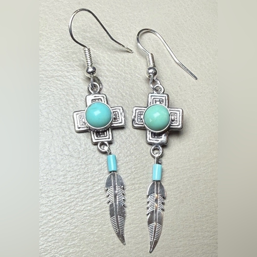 Vtg 925 Sterling Silver Southwestern Turquoise Feather Dangle Earrings by G&S